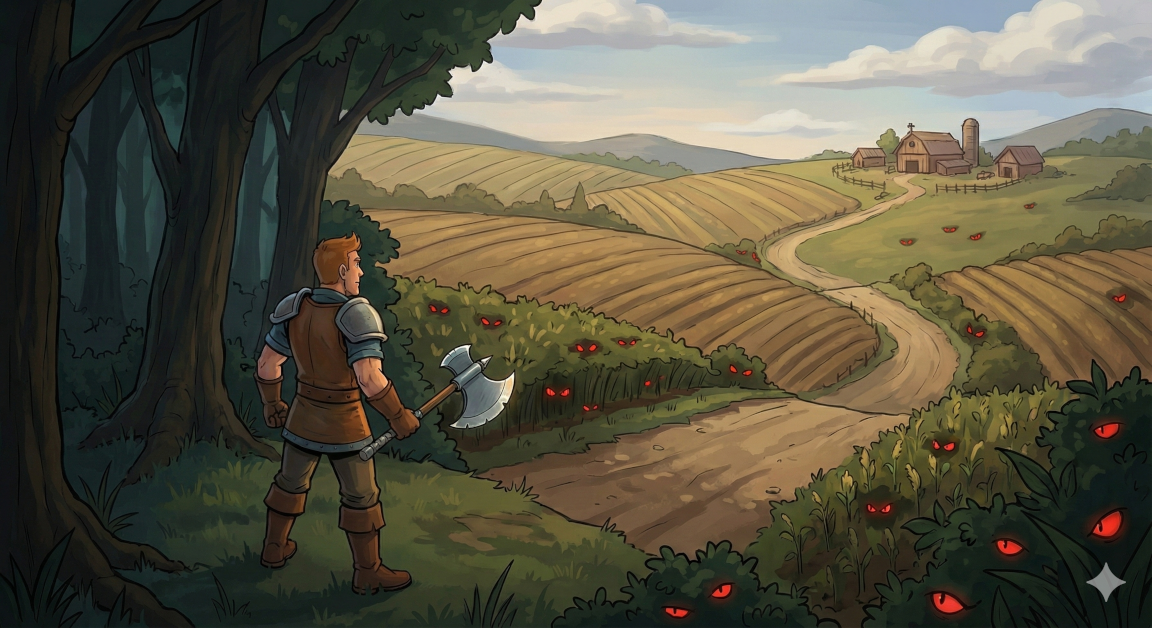 Tony looks toward a winding road and farmlands with red eyes in the fields